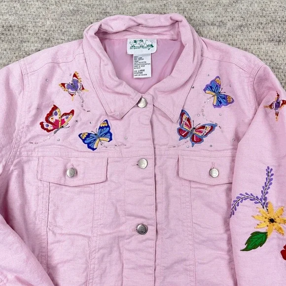 Vintage Quacker Factory Jacket Women Large Pink Embroidered Flower Linen Boho - Picture 4 of 16